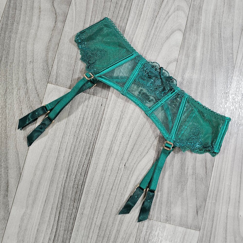 Honey Birdette Natalie Emerald Green Shimmer Suspender Garter Belt Size XS